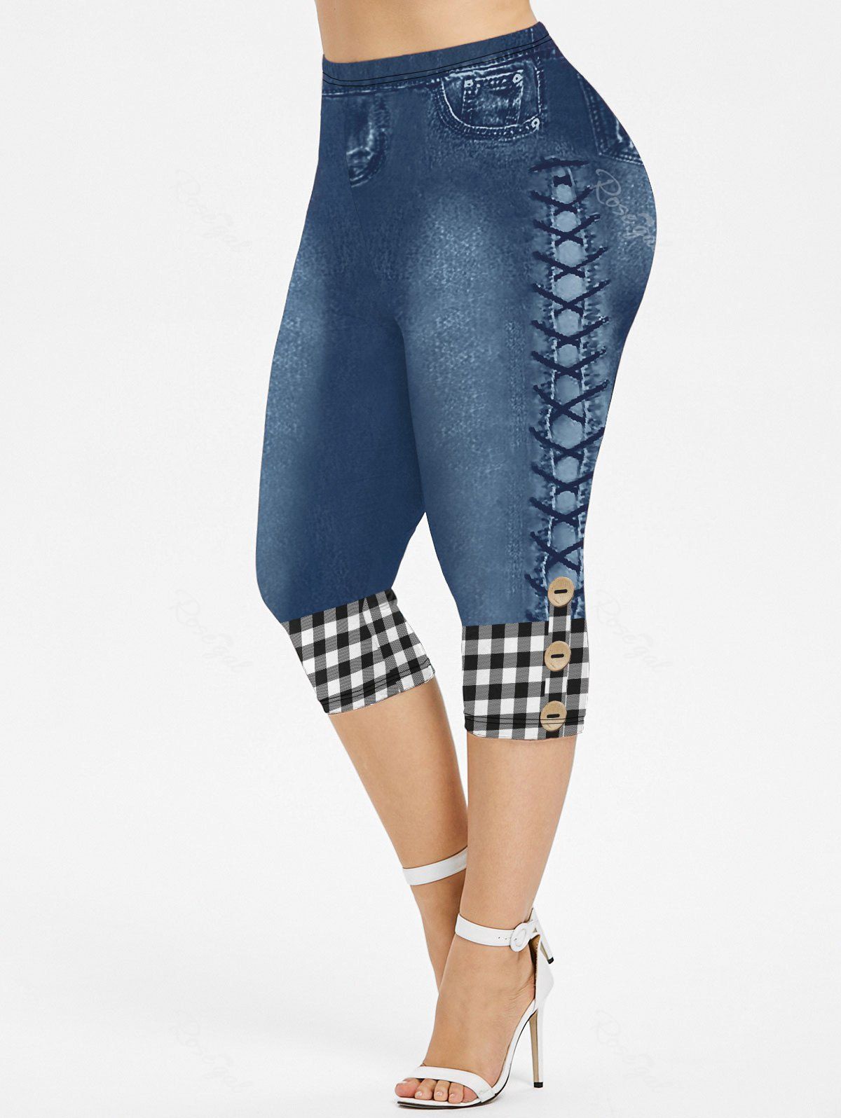 Shop Plus Size 3D Plaid Buttons Lace-up Jeans Printed Capri Jeggings  