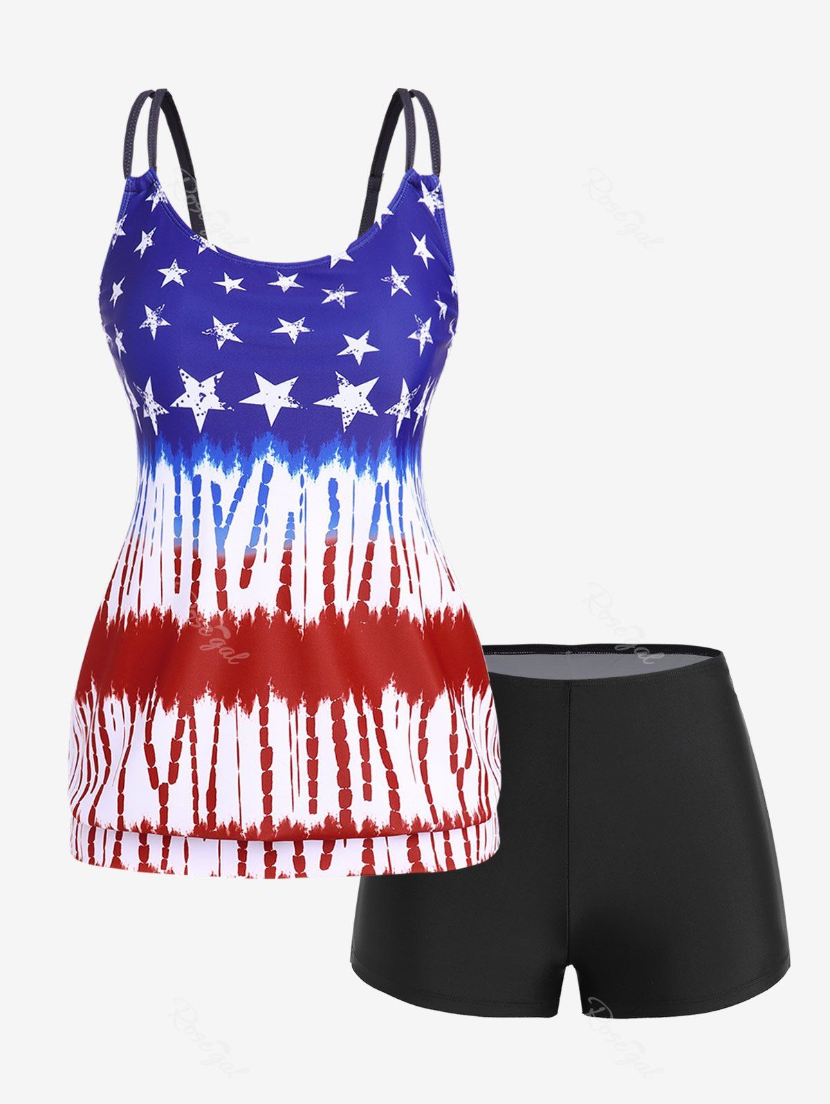 Store Plus Size Patriotic American Flag Padded Boyleg Blouson Tankini Swimsuit  