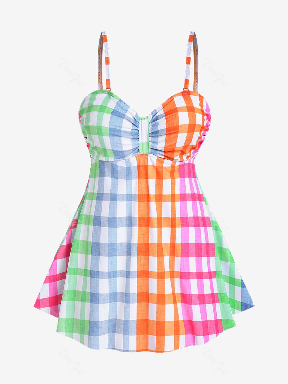 Sale Plus Size Colorful Checked Ruched Tankini Swimsuit  