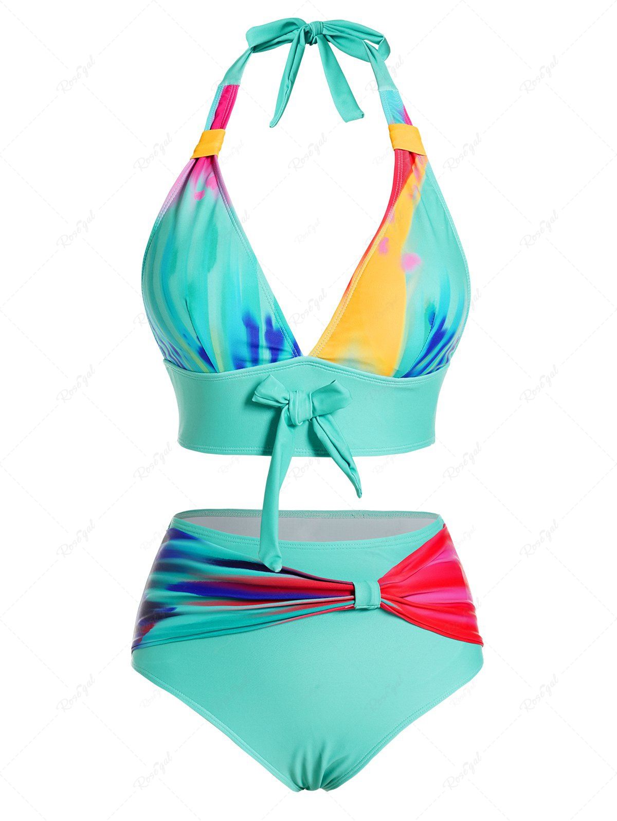 Ensemble de Bikini de Bain Teinté Imprimé Coloré avec Nœud Papillon à Col Halter Multi-A XL