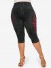 Plus Size 3D Jeans Printed Capri Jeggings -  