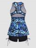 Maillot de Bain Tankini Découpé à Imprimé Feuille Tropicale - Bleu XL