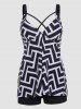 Maillot de Bain Tankini Matelassé à Imprimé Géométrique Contrasté - Noir M