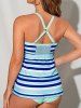 Colorful Stripe Print Mesh Panel Tankini Swimsuit -  