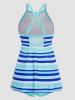 Colorful Stripe Print Mesh Panel Tankini Swimsuit -  