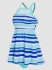 Colorful Stripe Print Mesh Panel Tankini Swimsuit -  