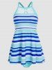 Colorful Stripe Print Mesh Panel Tankini Swimsuit -  