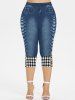 Plus Size 3D Plaid Buttons Lace-up Jeans Printed Capri Jeggings -  