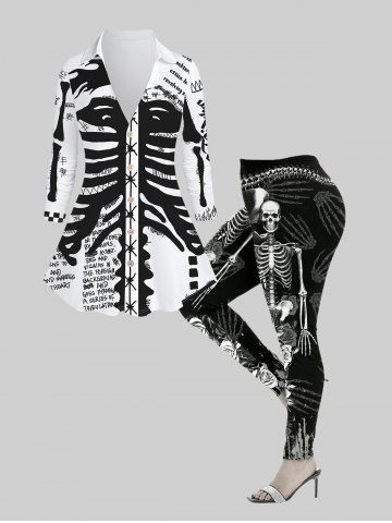 Ensemble de Chemise à Imprimé Gothique Rose Lettre Squelette Boutonnée et Legging