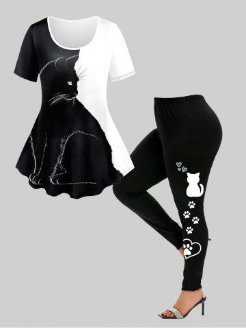 Cat Printed Colorblock Tee and High Waist Cat Paw Print Leggings Plus Size Outfit