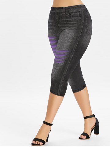 Plus Size 3D Ripped Jeans Printed Capri Jeggings - BLACK - L | US 12