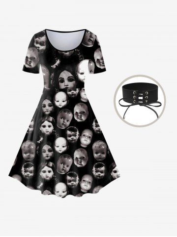 Ensemble de Robe T-shirt Gothique Ligne A en Faux Cuir à Imprimé Bébé et Collier Ras de Cou à Lacets - BLACK