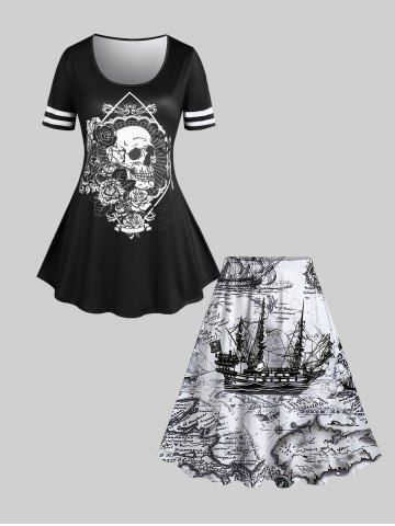 Ensemble de T-shirt Gothique Ligne A à Imprimé Rose et Crâne et Jupe en Ligne A à Imprimé Carte Nautique de Grande Taille - BLACK