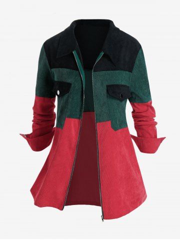 Plus Size Corduroy Color-blocking Pocket Zipper Jacket