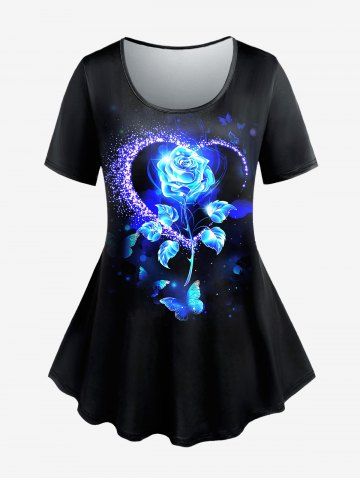 T-shirt Imprimé de Rose et Coeur à Manches Courtes Grande Taille - BLACK - 5X | US 30-32