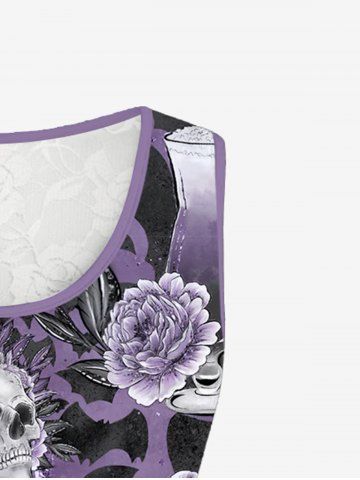 Gothic Bat Rose Skull Print Lace Panel Tank Top (Adjustable Straps)