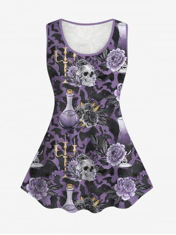 Gothic Bat Rose Skull Print Lace Panel Tank Top (Adjustable Straps)