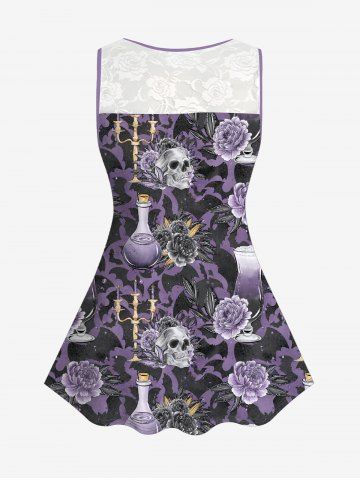 Gothic Bat Rose Skull Print Lace Panel Tank Top (Adjustable Straps)