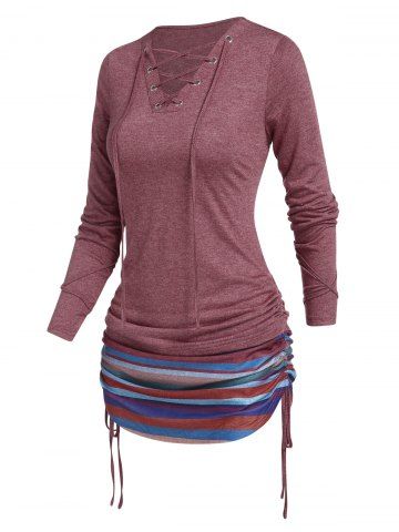 Colored Striped Print Lace Up Cinched Curved Hem Long Sleeve Longline T Shirt - DEEP RED - S