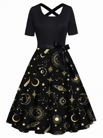 Sun Moon Print Bowknot Crisscross Belted Short Sleeve High Waisted A Line Midi Dress - BLACK - S