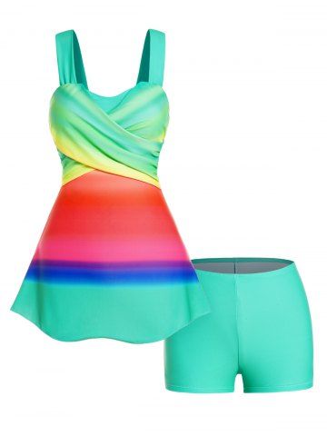 Colorful Rainbow Print Crossover Padded Boyleg Tankini Swimsuit - MULTI-A - XXL