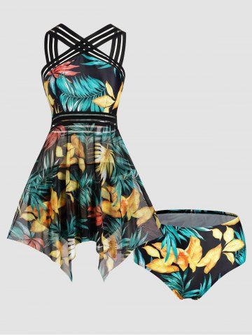 Tropical Colored Leaf Print Modest Mesh Striped Padded Tummy Control Tankini Swimsuit - MULTI-A - S