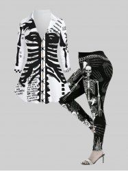Ensemble de Chemise à Imprimé Gothique Rose Lettre Squelette Boutonnée et Legging - Blanc 