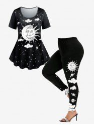 Moon Sun Galaxy Printed Short Sleeves Tee and Leggings Plus Size Summer Matching Set -  