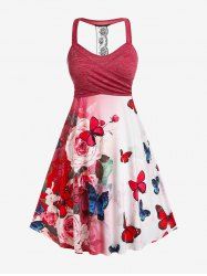 Plus Size Floral Butterfly Print Crossover Midi Dress -  