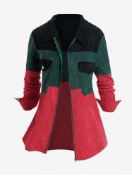 Plus Size Corduroy Color-blocking Pocket Zipper Jacket -  