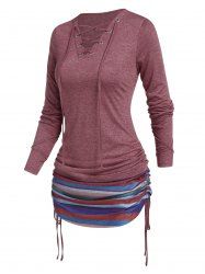 Colored Striped Print Lace Up Cinched Curved Hem Long Sleeve Longline T Shirt -  