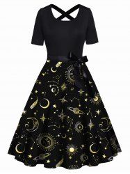 Robe Ligne A Mi-Longue Ceinturée Croisée Lune Soleil et Nœud Papillon Imprimés à Taille Haute - Noir XL