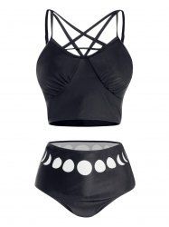 Moon Phase Print Ruched Bust Padded Lattice Bikini Swimsuit -  