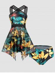 Tropical Colored Leaf Print Modest Mesh Striped Padded Tummy Control Tankini Swimsuit -  