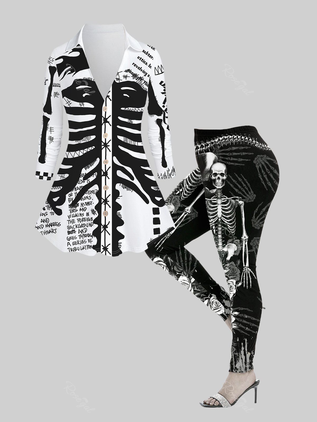 Ensemble de Chemise à Imprimé Gothique Rose Lettre Squelette Boutonnée et Legging Blanc 