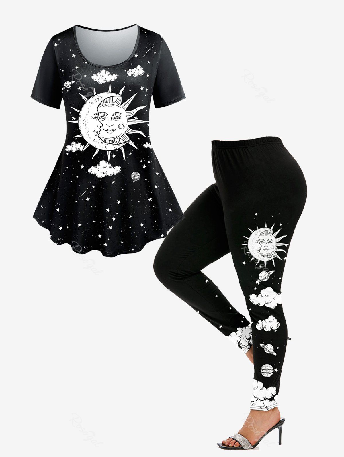 Latest Moon Sun Galaxy Printed Short Sleeves Tee and Leggings Plus Size Summer Matching Set  