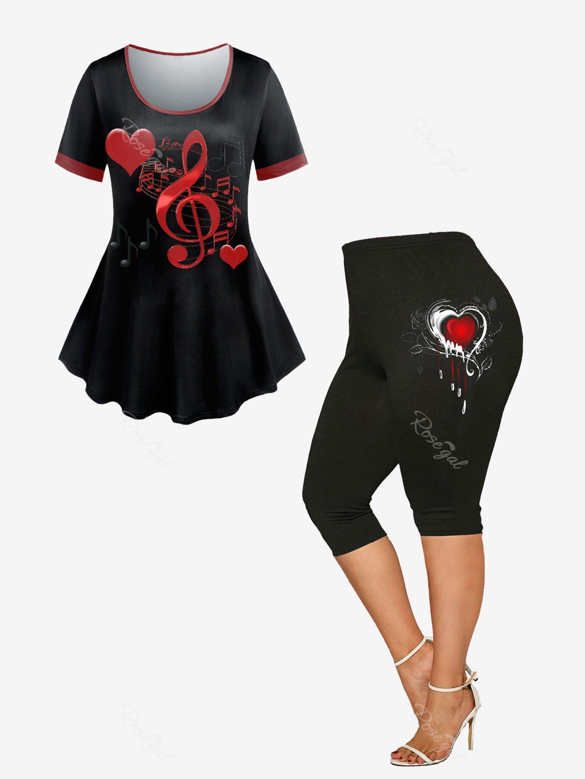 Chic Heart Musical Notes Print Ringer Tee and Valentines Heart Printed Leggings Plus Size Summer Outfit  
