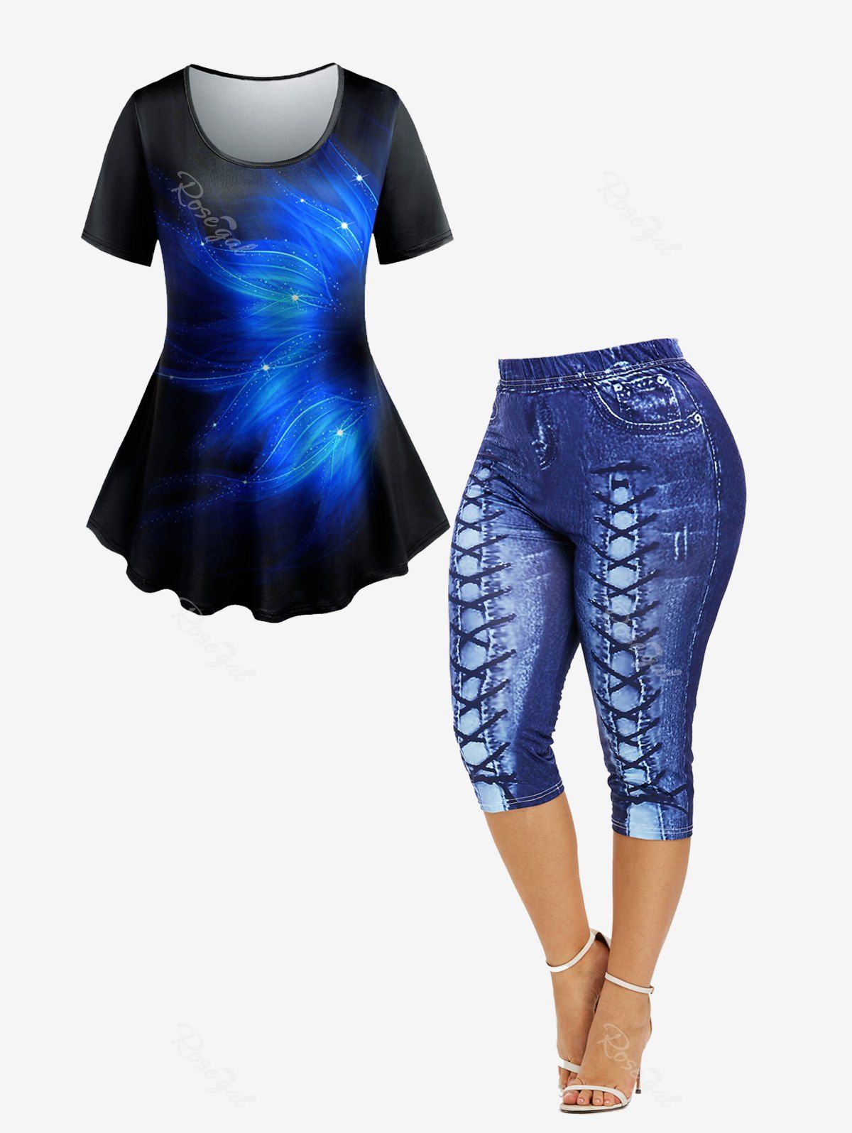 Best 3D Sparkles Printed Tee and 3D Lace Up Jean Print Capri Leggings Plus Size Summer Outfit  