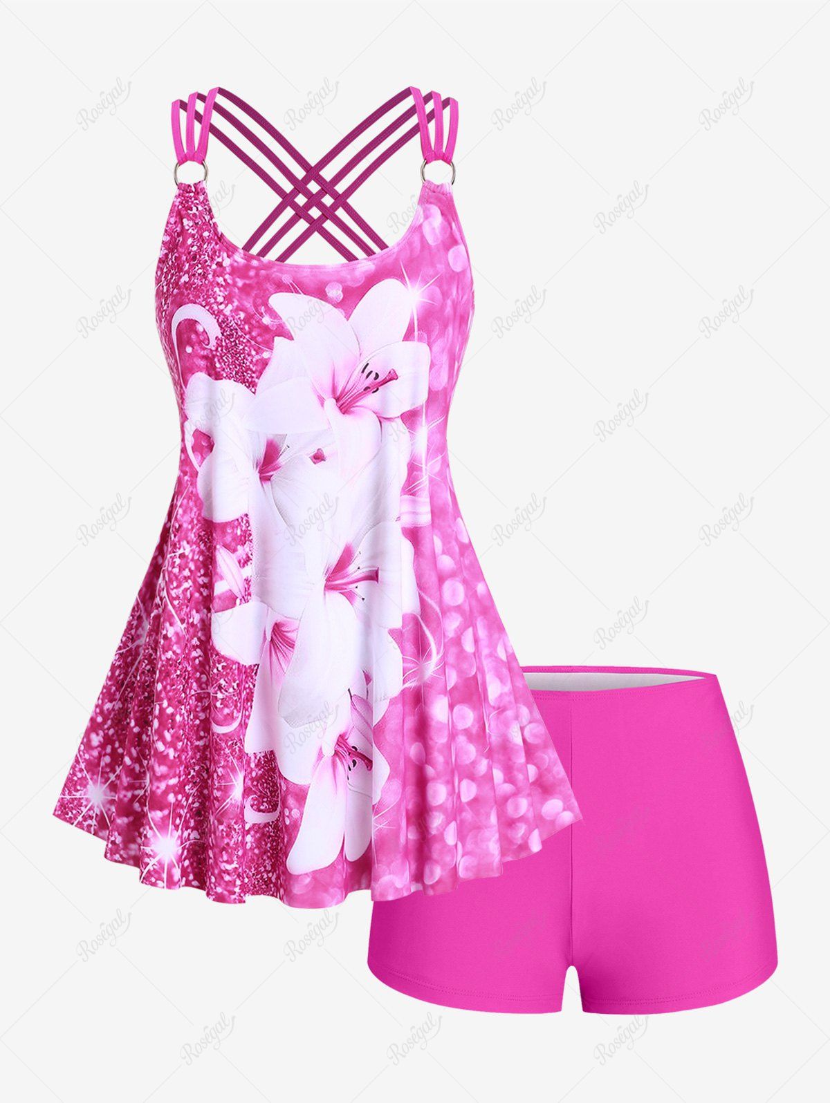 Fancy Plus Size 3D Sparkles Flower Boyleg Strappy Modest Tankini Swimsuit  