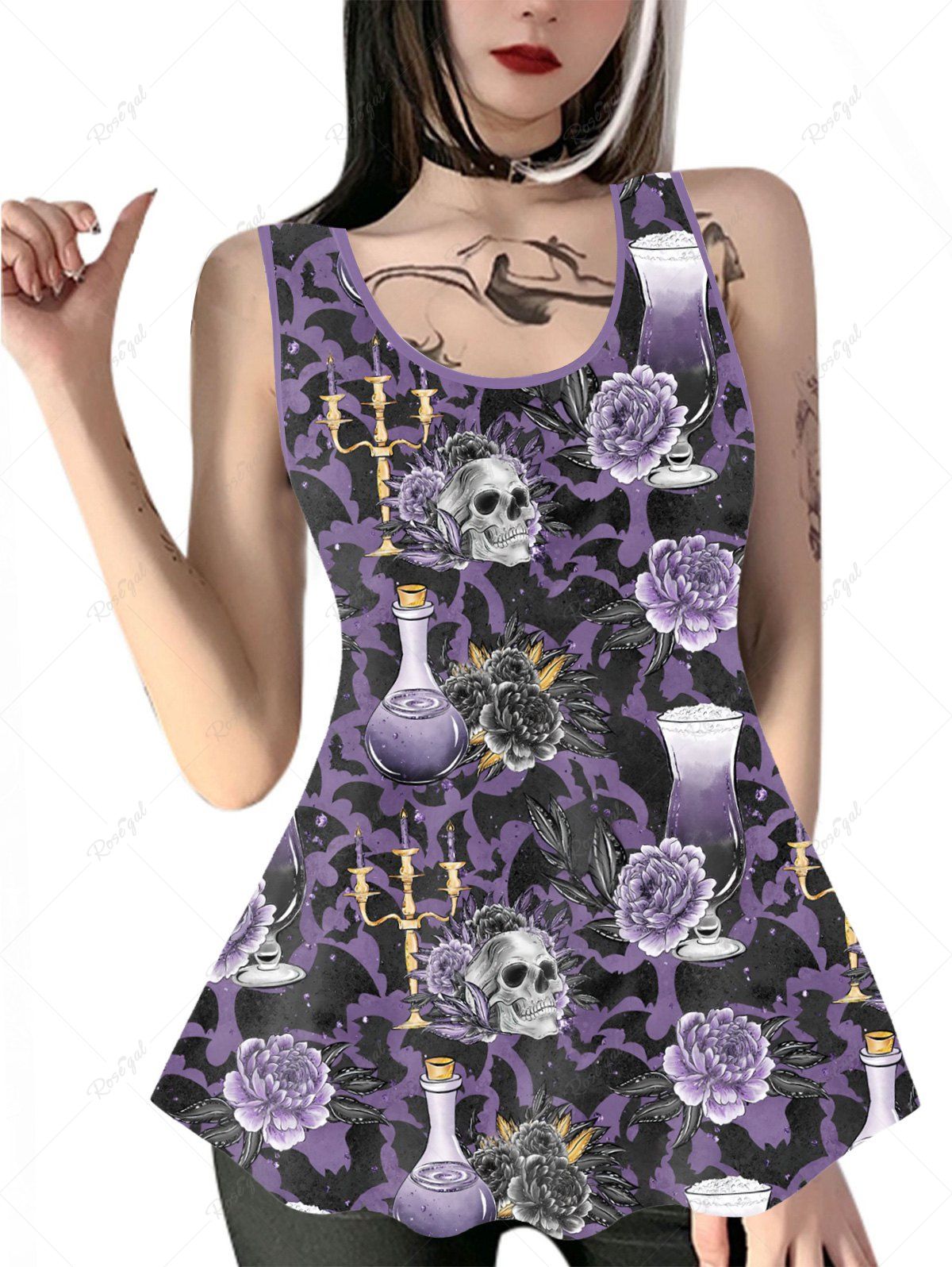 Discount Gothic Bat Rose Skull Print Lace Panel Tank Top (Adjustable Straps)  