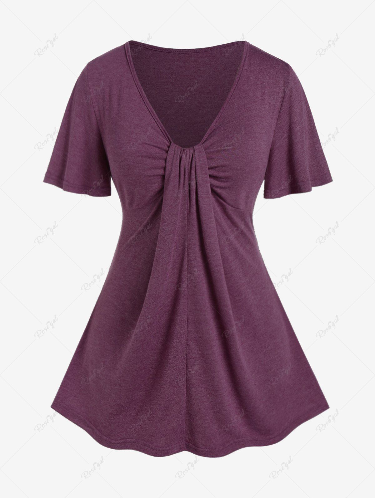 Store Plus Size Knot Flutter Sleeves V Neck Tee  