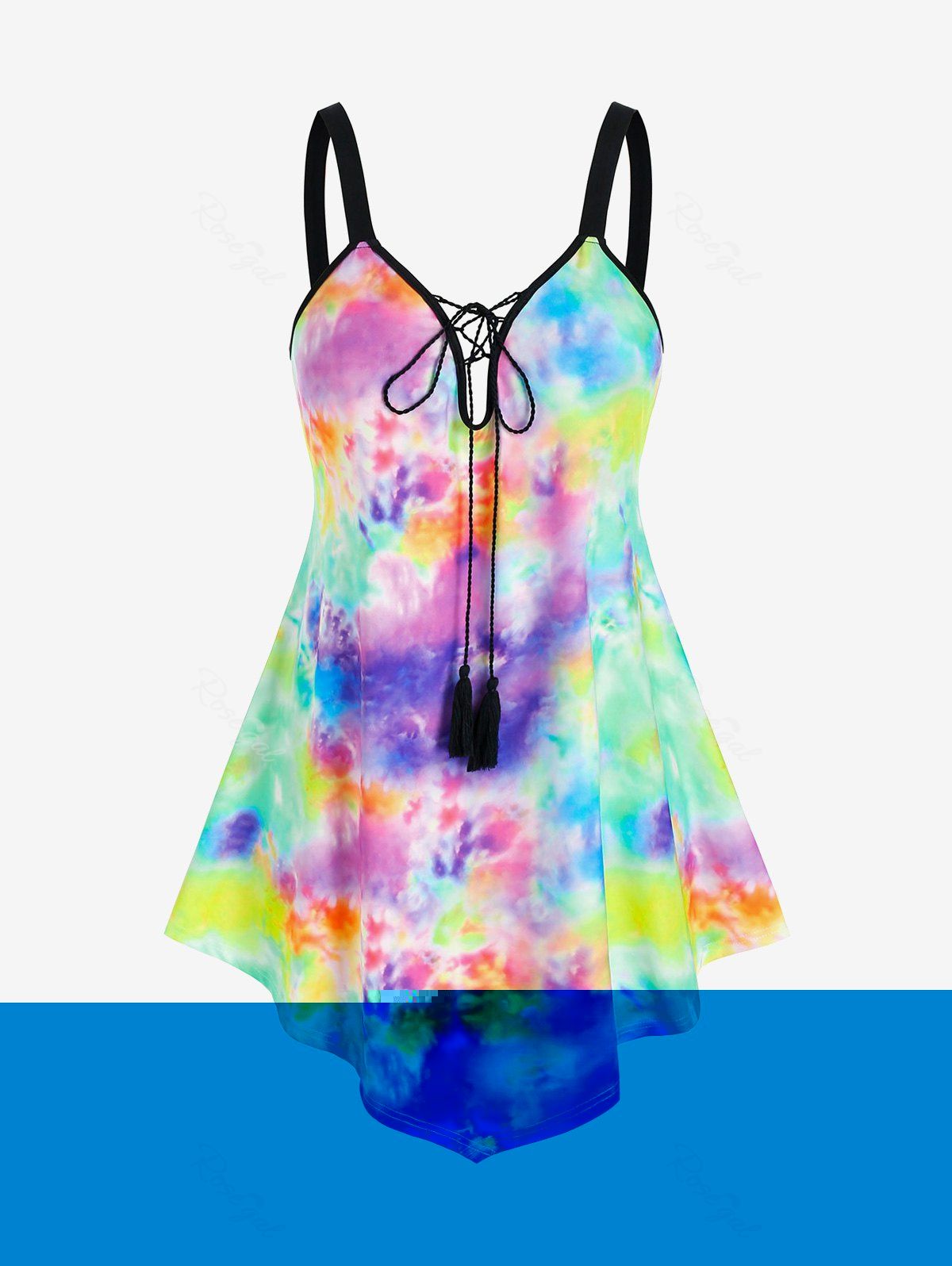 Hot Plus Size Tassel Tie Dye Lace Up Tank Top  