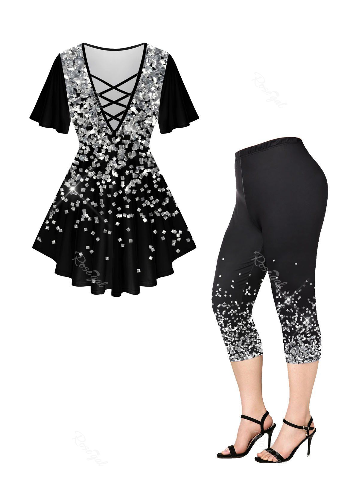 Store Sparkles Glitter Printed Crisscross Tee and Capri Leggings Plus Size Outfits  