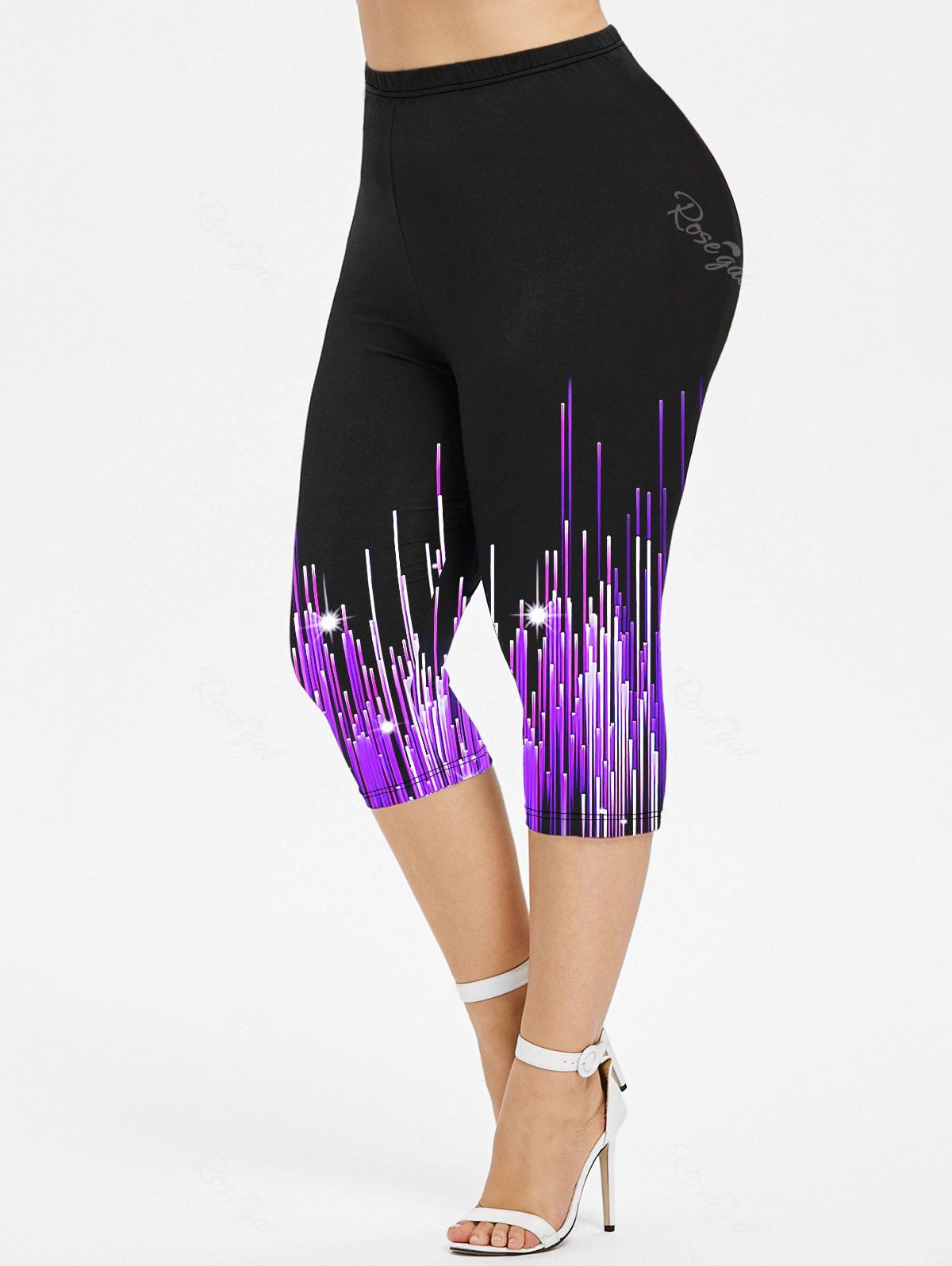 Outfit Plus Size 3D Sparkles Light Beams Printed Capri Leggings  