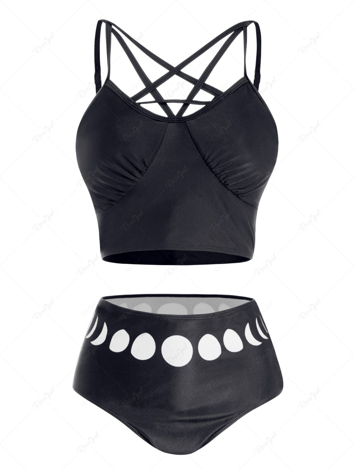 Best Moon Phase Print Ruched Bust Padded Lattice Bikini Swimsuit  