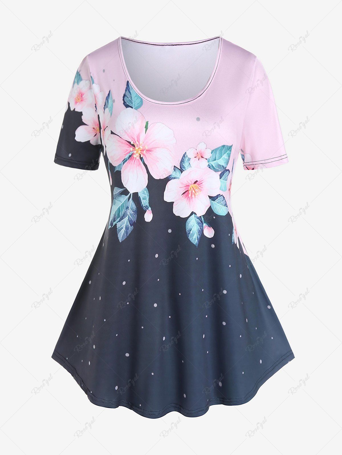 Outfit Plus Size Floral Print Colorblock T-shirt  