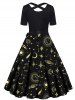 Robe Ligne A Mi-Longue Ceinturée Croisée Lune Soleil et Nœud Papillon Imprimés à Taille Haute - Noir XL