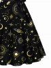 Robe Ligne A Mi-Longue Ceinturée Croisée Lune Soleil et Nœud Papillon Imprimés à Taille Haute - Noir XL