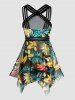 Tropical Colored Leaf Print Modest Mesh Striped Padded Tummy Control Tankini Swimsuit -  