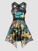 Tropical Colored Leaf Print Modest Mesh Striped Padded Tummy Control Tankini Swimsuit -  